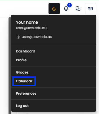 Calendar - profile menu